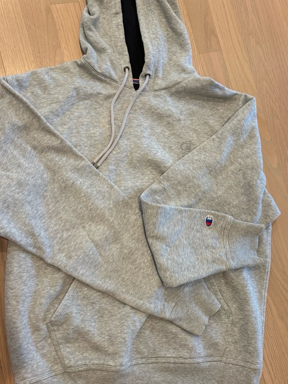 Champion Light Gray Hooded Pullover with Sleeve Patch